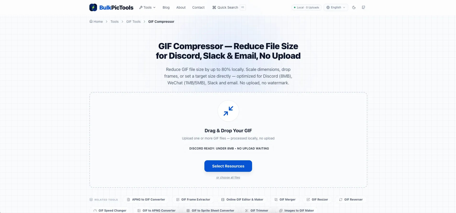 Drag and drop a GIF into the browser-based GIF compressor with no upload waiting
