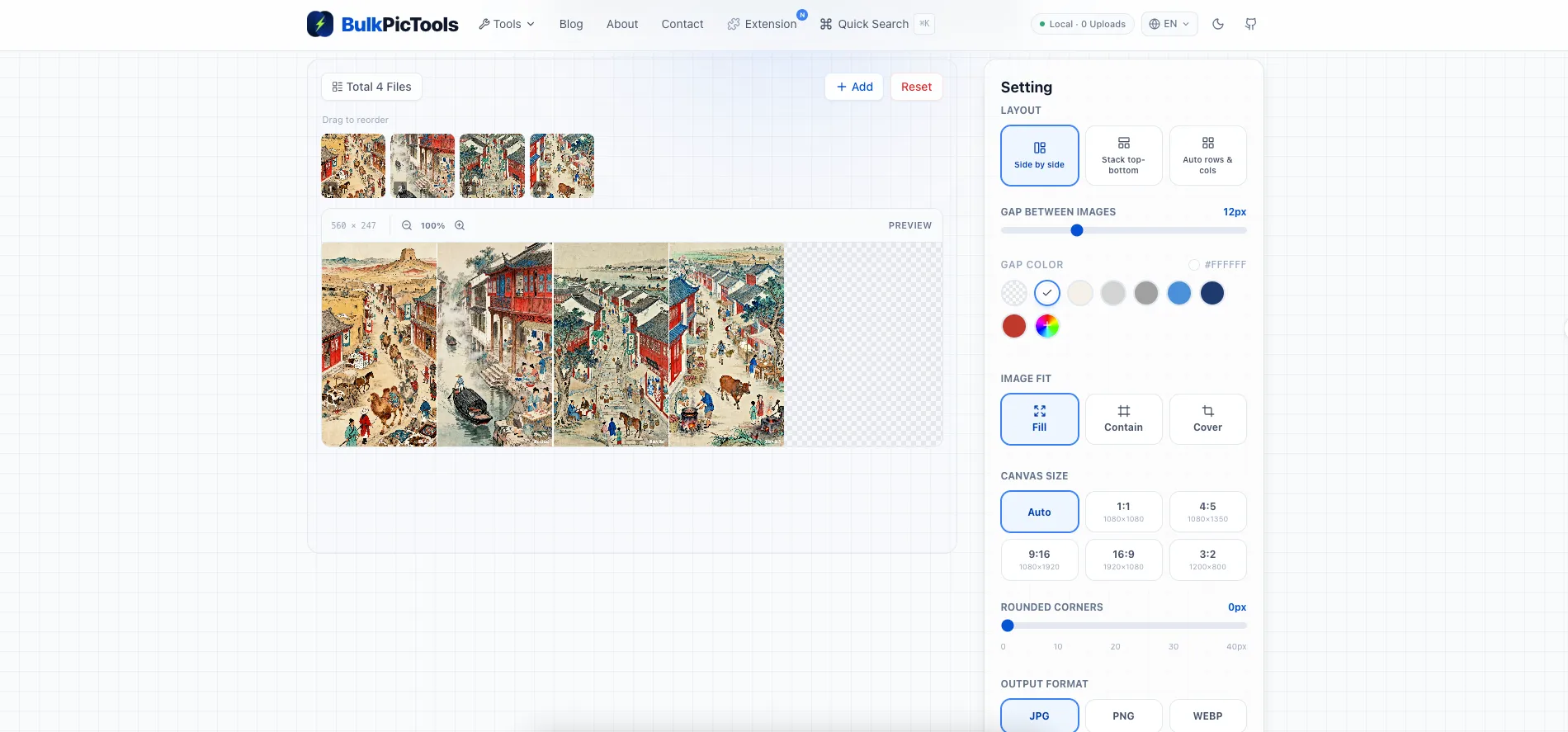 Choose horizontal, vertical, or grid layout before combining images into one