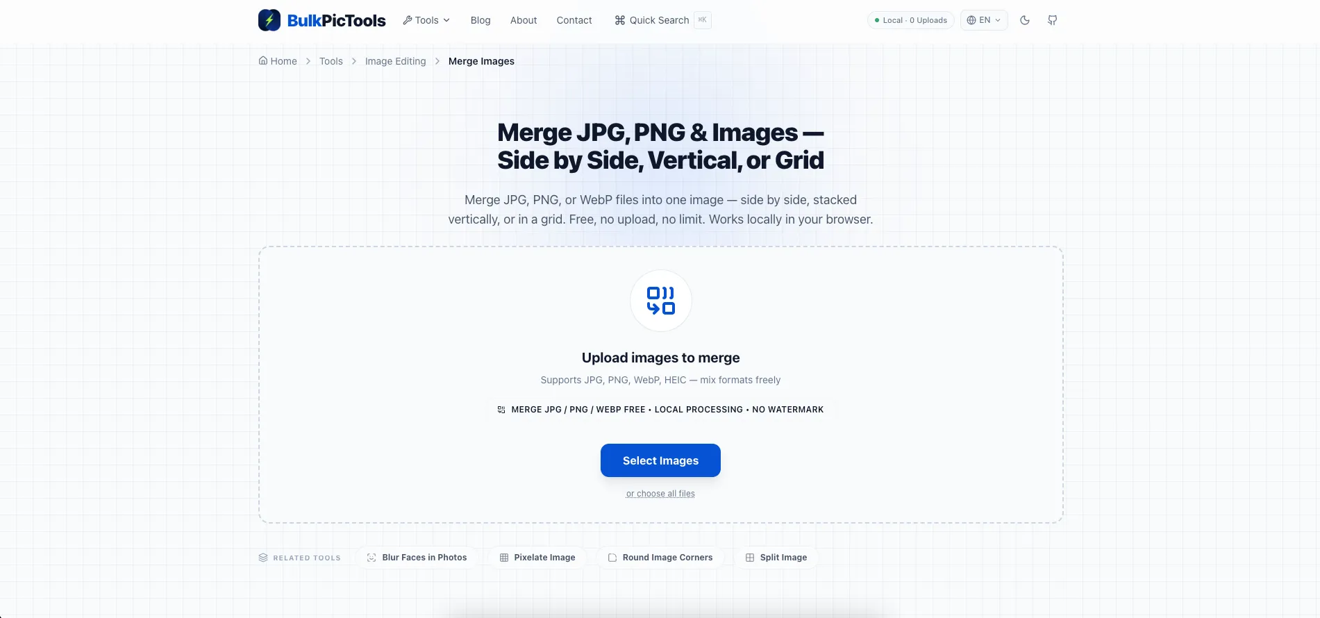 Drag and drop multiple photos into the image merge tool running in a web browser